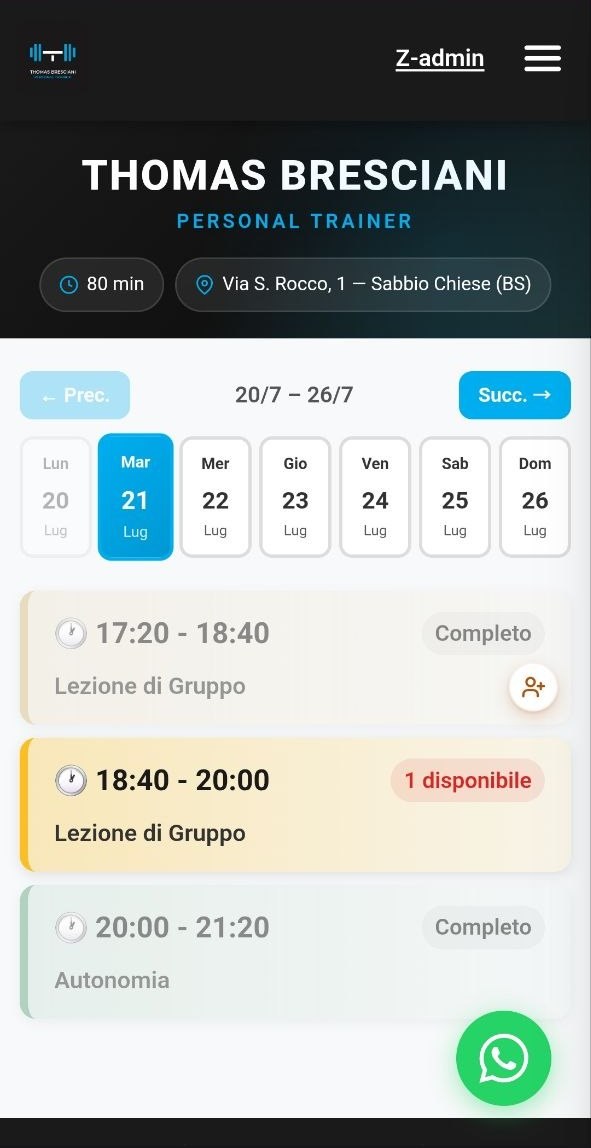 App di Thomas Bresciani: calendario settimanale con le sessioni e i posti liberi