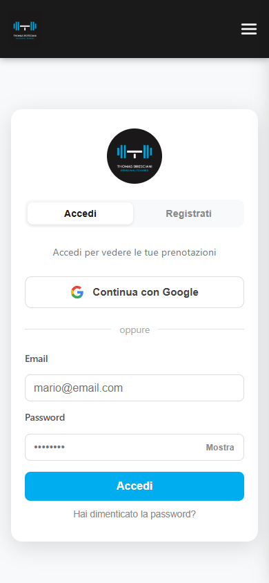 App di Thomas Bresciani: schermata di accesso con logo della palestra